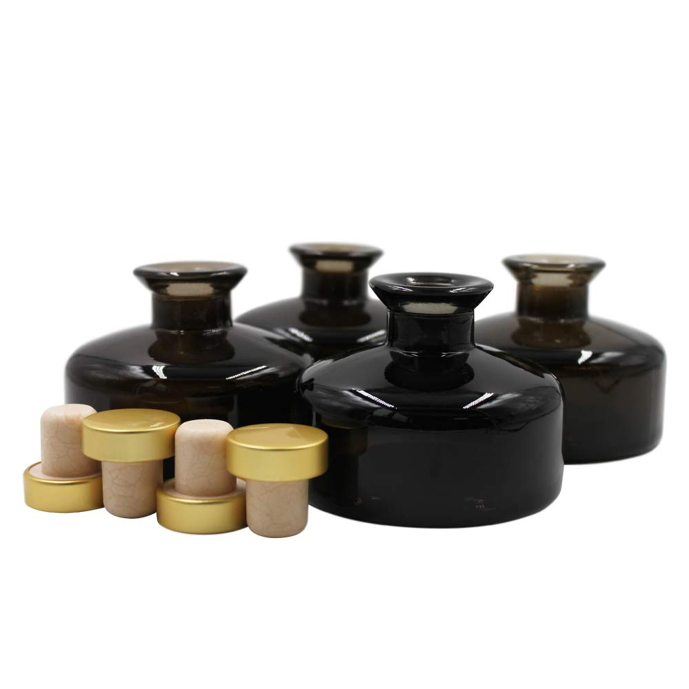 Frandy House Black Glass Diffuser Bottles Diffuser Jars with Gold Cork Caps Set of 4 – 2.75 inches High, 150ml 5.1 ounce. Fragrance Accessories Use for Diy Replacement Reed Diffuser Sets.