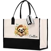 Custom Sloth Canvas Tote Bag - Personalized Name & 16 Cute Pattern, Reusable Waterproof Grocery Shoulder Shopping Bags, Birthday Christmas Sloth Gifts for Women Mom Teacher Friend