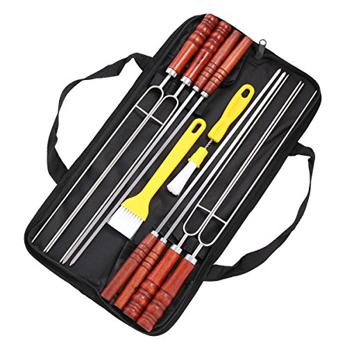 POLIGO 10PCS BBQ Skewers Set - Flat Stainless Steel Metal Grilling BBQ Stick Shish Kebab Kabob Skewers With Wooden Handle - set of 10 in Handy Storage Pouch with Basting Pastry Brush