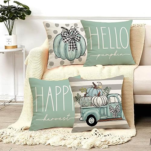 CROWNED BEAUTY Fall Outdoor Decorative Throw Pillow Covers 18 x 18 Inch Set of 4, Striped Truck Polka Dots Pumpkin Farmhouse Pillowcases for Couch (Green)