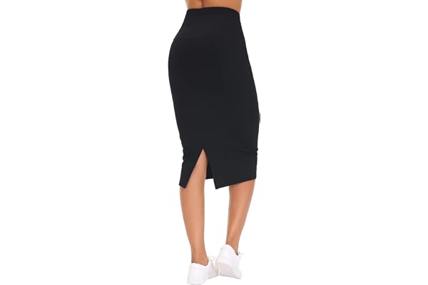 THE GYM PEOPLE Women's High Waist Tummy Control Pencil Skirts Stretchy Bodycon Midi Skirt Below Knee with Back Slit
