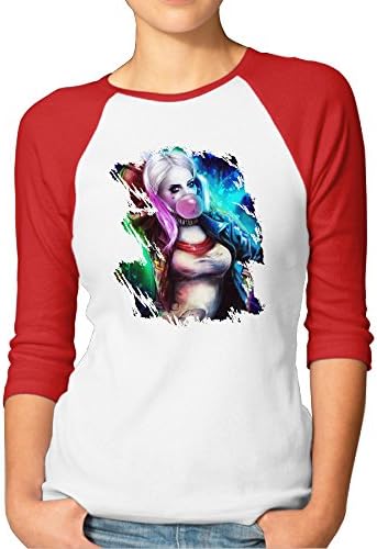 Lady's Suicide Squad Harley Quinn Cotton 3/4 Sleeve Raglan Shirts Red Medium