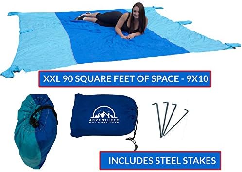 Sand Free Compact Outdoor Blanket 9 x 10 Nylon Sand Proof Blanket with 6 Sand Securing Pockets for Beach, Picnic, Park &amp; Football field, Portable, Quick Drying, Lightweight Weight &amp; Durable Design.