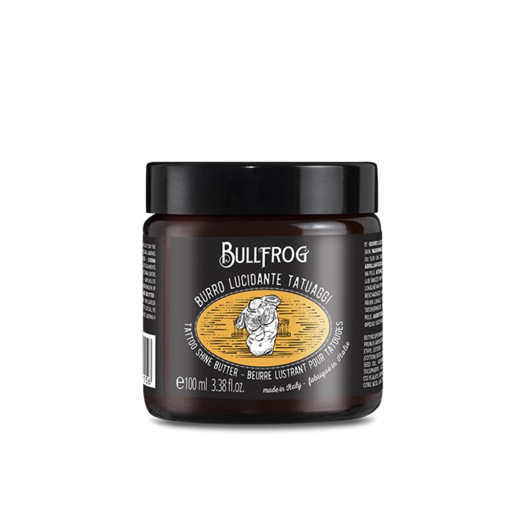 Bullfrog – Tattoo Shining Butter: Moisturising and Nourishing, 99.1% Natural Ingredients, Hazelnut, Cocoa & Honey Fragrance, Radiant Protective Finish, 100 ml