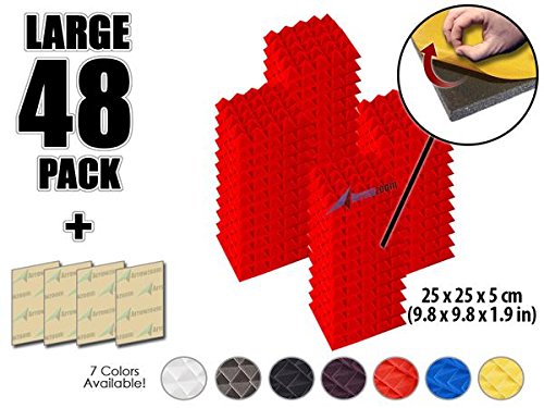 Arrowzoom New 48 Pack of 9.8" X 9.8" X 1.9" Inches Soundproofing Insulation Pyramid Self Adhesive Acoustic Foam Wall Padding Studio Foam Tiles AZ1053 (RED)