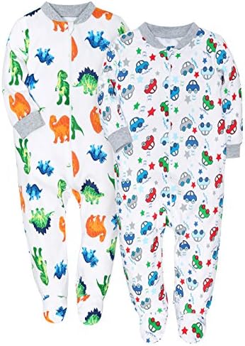 ShengShi Baby 2-Pack &amp; 2-Way Zip Front Long Sleeve Footed Sleeper Pajamas (2 Packed-Dinosaur &amp; Toy Cars, 6-9M)
