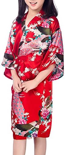 Admireme Girls' Peacock Satin Kimono Robe Bathrobe Nightgown for Spa Party Wedding Birthday