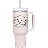 Personalized 40oz Tumbler Cup with Initials.Cup with Letter M 40oz Tumbler with Handle.Custom Tumbler Cup with Letter.Initial Monogram Tumbler Mug Gifts for Women Birthday Christmas.