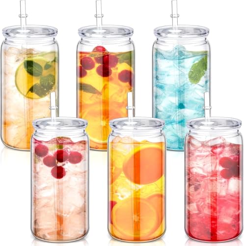 Mason Jars with Lids and Straws, 16oz Clear PC Plastic Drinking Tumblers, 6 Pack Reusable Cups for Iced Coffee Water Juice Milk Wedding Party Kitchen Table top Beverage Drinkware