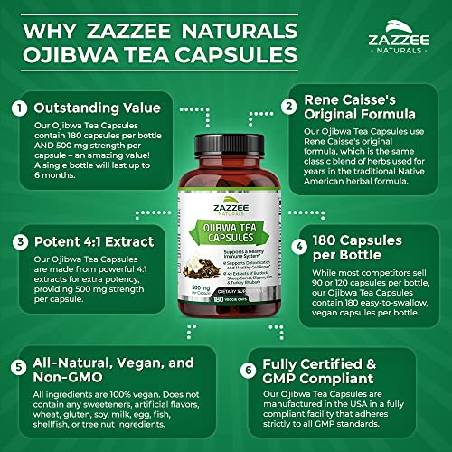 Zazzee Extra Strength Ojibwa Tea 500 mg, 180 Vegan Capsules, Rene