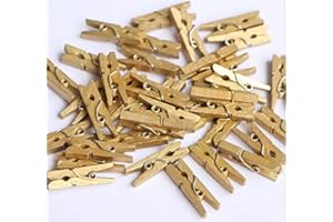 iKammo 50pcs Wood Gold Clothespins Mini Wooden Gold Clothes Pins 1.38 inch Gold Photo Peg Pin Compatible Wrapping, Picture Hanging, Arts&Crafts, Photo Display (Gold, 3.5 * 0.7cm)