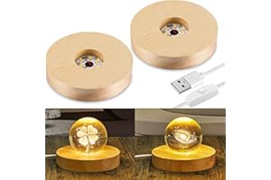 Honoson 2 Pcs LED Base Wood Light Display Base for Crystal Glass Art Resin Light Display Stand with 6 LED Wooden Crystal Resin Lamp for 3D Laser USB Only(Round)