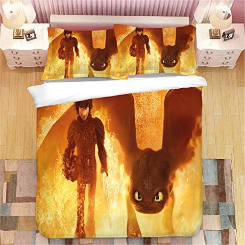 AMTAN 3D How to Train Your Dragon Duvet Cover Set Movie How to Train Your Dragon 3 Bedding Set 100% Microfiber Teen Bed Set 3pcs 1 Duvet Cover 2 Pillowcase King Queen/Full Twin Size