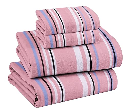 RUVANTI Flannel Sheets California King Size - 100% Cotton Double Brushed Cal King Bed Sheets Set - Deep Pockets 14 Inches - All Seasons Breathable & Extra Soft - Warm & Cozy, 4 Piece, Pink Stripes
