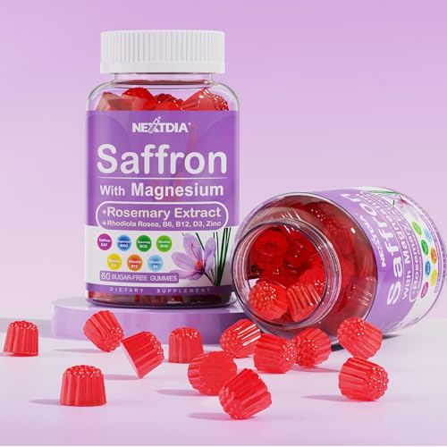 Happy Saffron Supplements Gummies - 4 Months Supply -Saffron Extract 177mg 88.5mg, w/ Magnesium Glycinate 400mg 200mg, Rhodiola, Rosemary, Vitamin D, B6 B12 for Rest, Mood, Calm, Focus, Sugar-Free