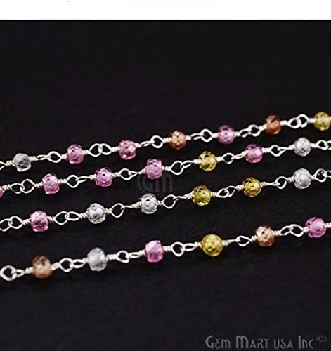3Ft Multi Color Faceted Zircon Beads Rosary, 2.5-3mm Silver Plated Wire Wrapped Rosary Chain(SPMU-30050)