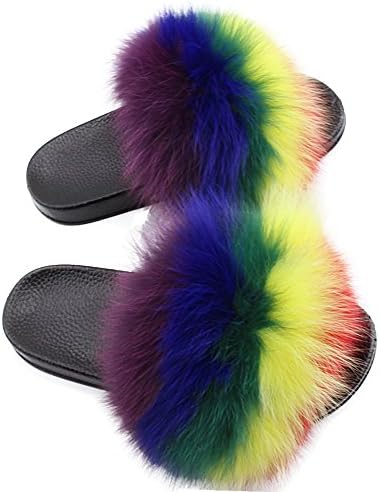 Xunxun Women Real Fox Fur Feather Vegan Leather Open Toe Single Strap Slip On Sandals