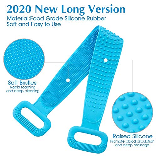 Silicone Back Scrubber for Shower, Exfoliating Lengthen Silicone Bath Body Brush, Easy to Clean, Lathers Well, Eco Friendly, Long Lasting, Comfortable Massage for Shower(Blue)