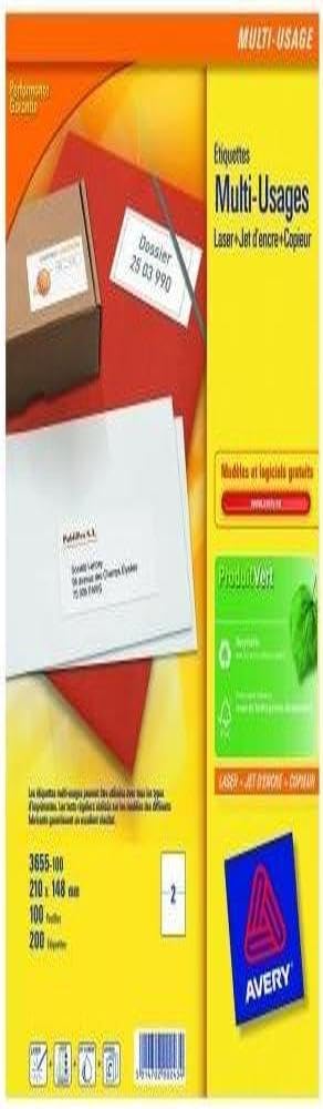 AVERY 3655-100 200 Adhesive Labels White Multi-Purpose 210 x 148 mm. Laser, Inkjet Printing