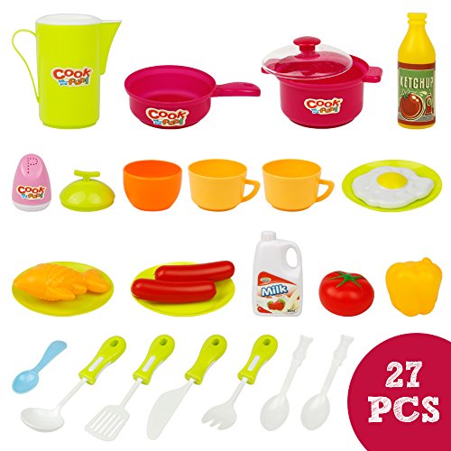 Kitchen Playset Toys Appliances Pretend Role Play Chef Food Toy with Sink Faucet Table Utensils Knife 27 Accessories for Kids Boys Girls,Large Tall,Pink