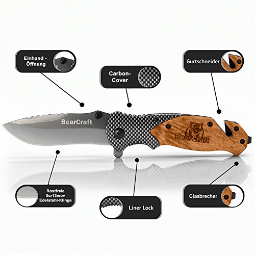 BearCraft Klappmesser in Carbon Design mit **GRATIS eBook** | Outdoor Survival Taschenmesser | Einhand-Rettungsmesser mit Glasbrecher und Gurtschneider – Bild 7
