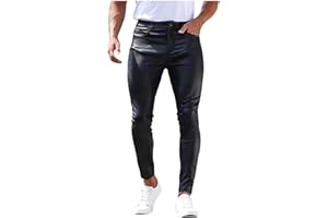 Men's Stretchy PU Faux Leather Pants Shiny Sexy Solid Color Slim Fit Pant Outdoor Casual Fashion Button Trousers with Pockets