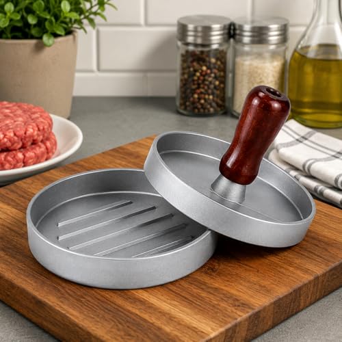 Molde para Hambúrguer em Aço Inoxidável com Cabo de Madeira – Prensa para Carne Gourmet Artesanal
