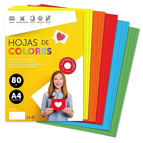 Fogli Colorati A4 80g per Stampanti e Lavoretti Manuali, Blocco di Carta Colorata Assortita per Bambini, Pacchetto di Fogli Colorati per Biglietti M-Office (50 ore, assortimento forte)