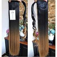 22" Long Straight Ombre Dip Dyed Clip in Wrap around Ponytail Hair Extensions Hairpieces(22" Straight- Natural black to honey blonde)