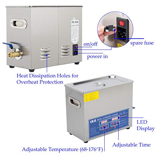 6L Ultrasonic Cleaner with Digital Timer & Heater, Professional Ultrasound Jewelry Cleaning Machine for Parts Denture Ring Watch - Thumbnail 4