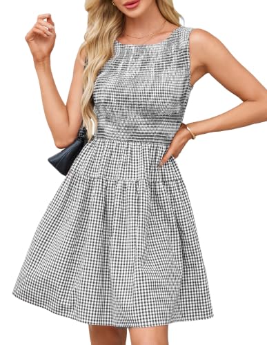Women's Plaid Smocked Mini Dress Sleeveless Crewneck Beach Sundress Black at Amazon