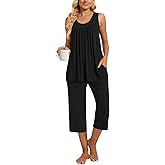 TAOHUADAO Womens Summer 2 Piece Pajama Sets, Sleeveless Tops with Capri Pants, Lounge Ladies Pjs Sets with Pockets