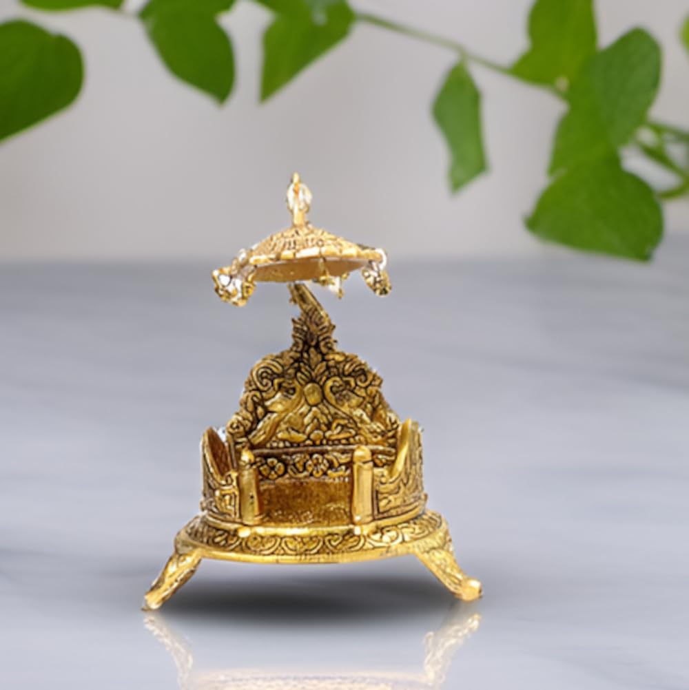 Purpledip Metal Singhasan (Gold Throne Chowki with Canopy): Platform for Temple Idols (11838)