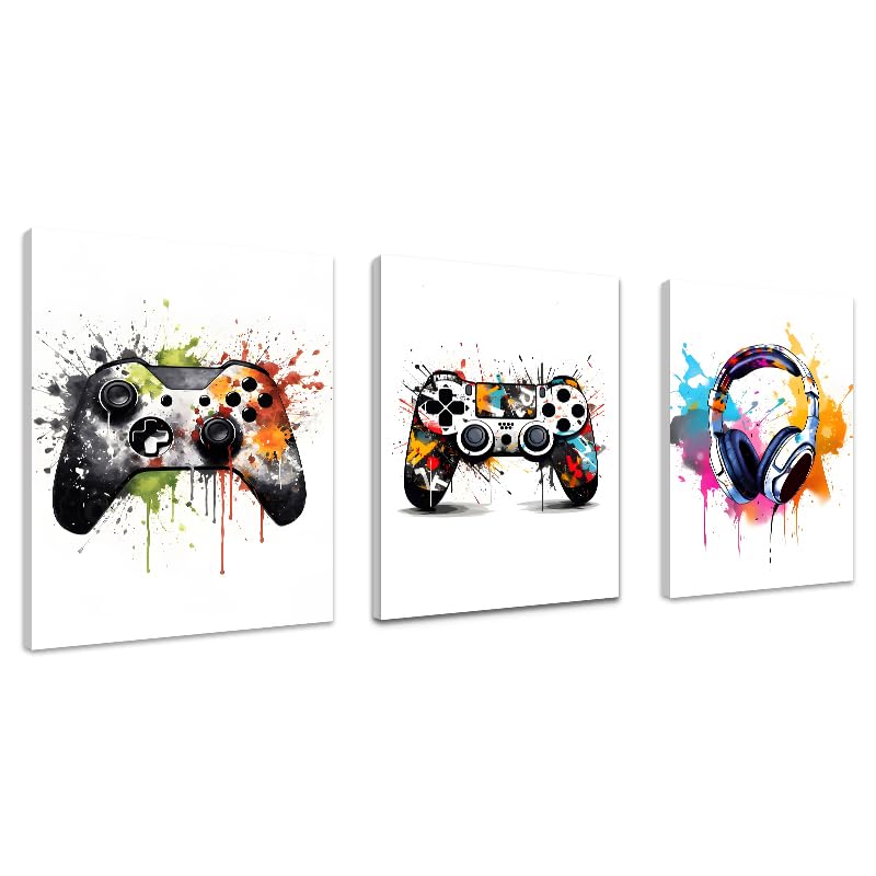 Kepuarm 3 Pcs 16" x12'' Framed Gaming Room Decor Canvas Wall Art Video Game Art Prints, Gaming Theme Watercolor Posters Prints for Boys Kids Teen Game Room Bedroom Playroom Wall Decor (12x16inch)