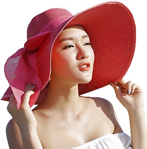 Womens Floppy Sun Hat Packable Wide Brim Straw Hat with Bowknot Watermelon Red