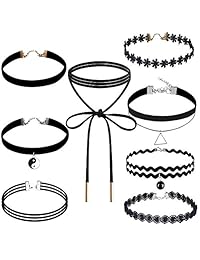 Conjunto de collares gargantillas Outee, 9 piezas, color negro, gargantillas tatuaje de encaje para mujer