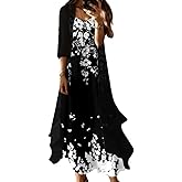 Women’s 2 Piece Set Boho Floral Print Sleeveless Maxi Dress with Flowy Chiffon Cardigan Dressy Casual Loose Dresses