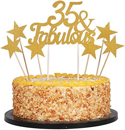 QIYNAO 7 Gold Glittery Fabulous Cake Topper and Five-pointed star, Wedding, Birthday, Anniversary, Party Cupcake Topper Decoration (35&amp; Fabulous)