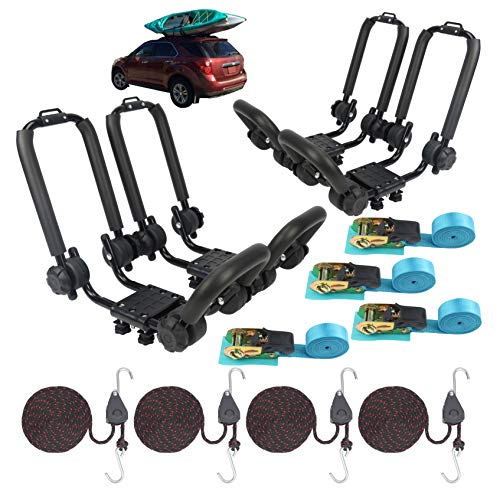 2 Pairs Upgraded Double Folding Kayak Rack J-Bar Car Roof Rack for Canoe Carrier Paddle Board Surfboard Mount on Car SUV Crossbar with 4 Pcs 10Ft S-hook Rated Ratchet Pulley Straps & Ratchet Straps