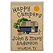 Happy Camper World Personalized Camping Garden Sized Flag, Happy Campers and Vintage Travel Trailer Graphic, with 3 Additional Lines of Custom Text, Printed on Tan Fabric, Blue Camper