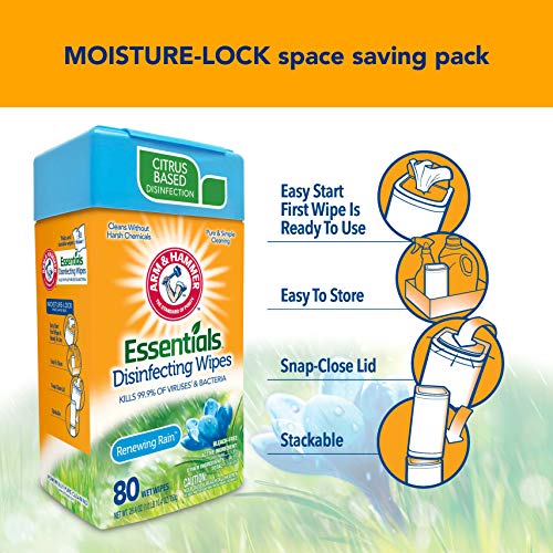 Arm & Hammer Essentials Disinfecting Wipes, Renewing Rain Scent, 3 Pack