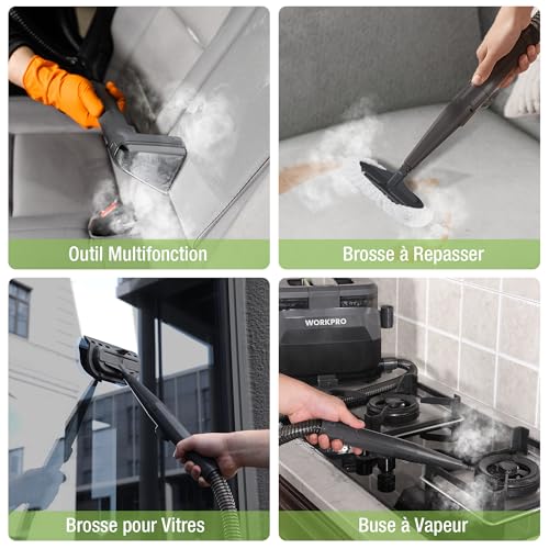 WORKPRO Shampouineuse et Nettoyeur Vapeur 4 en 1 pour Tapis et Tissus d’Ameublement avec Aspirateur Laveur 16 kPa, 4 Modes de Nettoyage, Nettoyeur Canapé Tissu, Matelas, Rideaux, Poils, Voiture