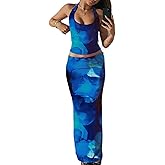 ksotutm Two Piece Sets for Women Maxi Skirt Set Printed Halter Top and Maxi Skirt Going Out Outfits
