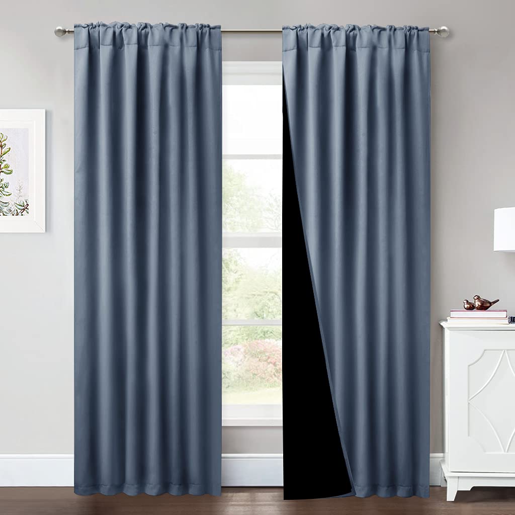 NICETOWN 100% Blackout Curtains 84 inches Long, Pair of Energy Smart & Noise Blocking Out Drapes for Baby Room Window, Thermal Insulated Guest Room Lined Window Dressing (Stone Blue, 52 inches Wide) Image