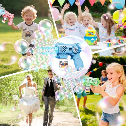 Tecnock 3 Pack Automatic Bubble Guns for Kids, 12 AA Batteries Included, 3 Solution Bottles and 5 Refills, Lightweight, Leak-Proof, Birthday and Party Gift