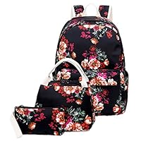 School Backpack for Teen Girls School Bags Lightweight Kids Girls School Book Bags Backpacks Sets (05 Black/Floral)