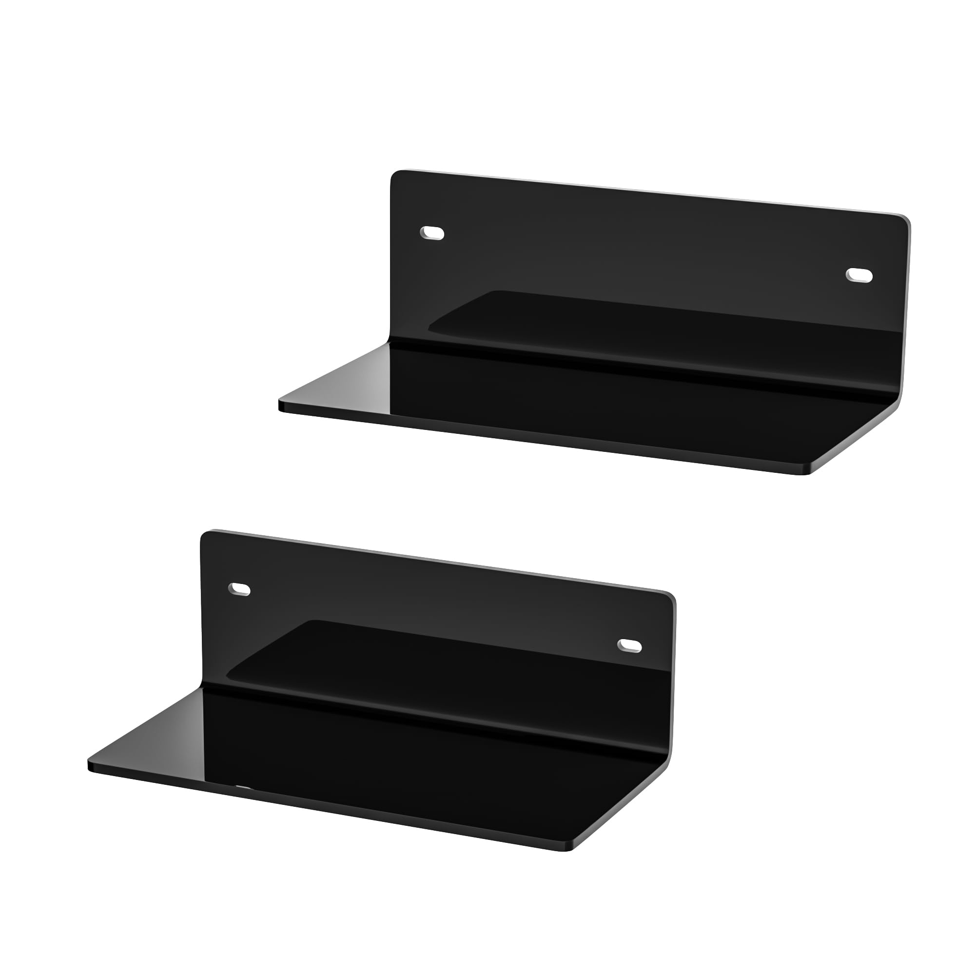 Sezanrpt 8 Inch Black Small Wall Shelves, Acrylic Wall Mounting Ledges Display, Acrylic Black Shelf for Figures, Collectibles, Plants, Décor, Toiletries, 4'' Depth, 2 Pack