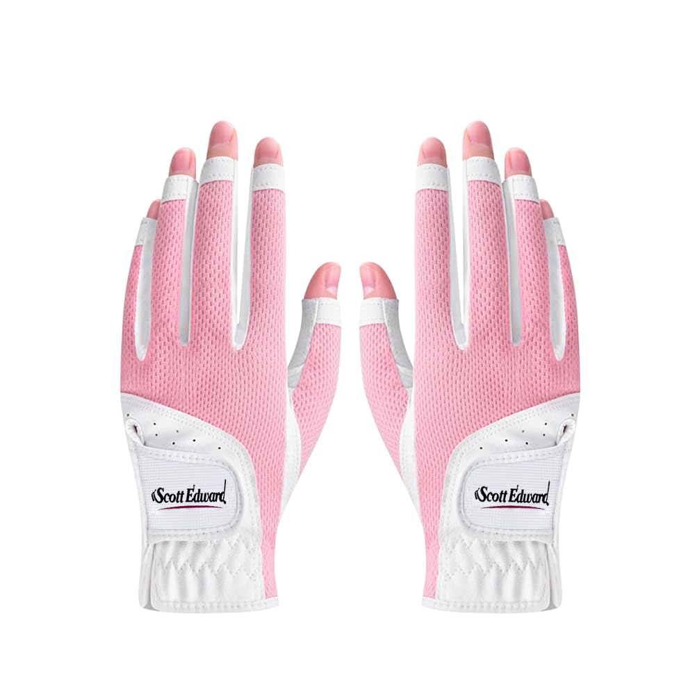 Scott Edward 1 Pair Open-finger Women's Golf Gloves 2 Pack Left Right Hand Lady Fingerless Golf Gloves PU and Microfiber Breathable Mesh Fabric Cool and Comfortable (Pink,18)