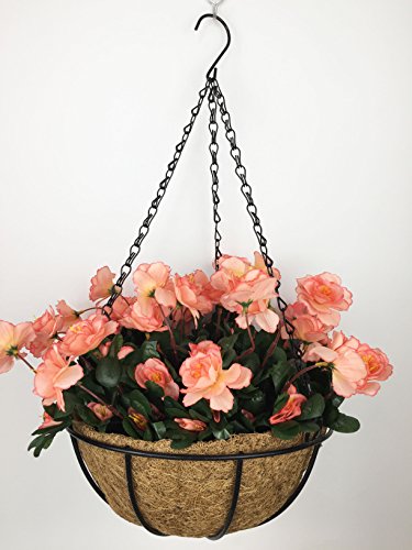 Lopkey Outdoor Artificial Red Azalea Bush Flower Patio Lawn Garden Hanging Basket with Chain Flowerpot,Orange