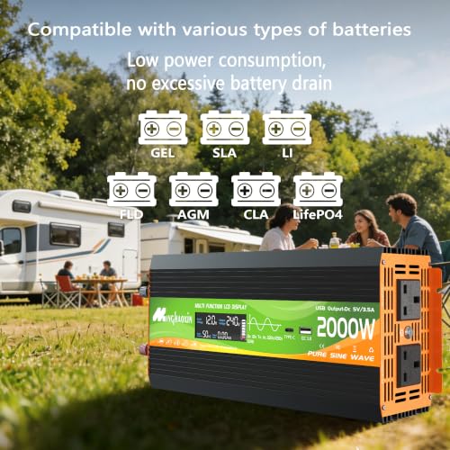 2000W Pure Sine Wave Inverter 12v To 240v Car Inverter 4000W Peak With 2 Uk Sockets, 30W USB-C, 5V 3.1A USB, LCD Display And Remote Controller For Motorhomes,Camping, Household Use And Vans